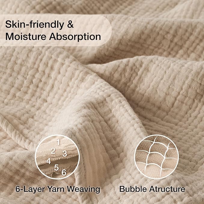 100% Cotton Muslin Blanket 50" x 60", Breathable and Lightweight Cotton Throw Blankets for Couch, Soft Cooling Summer Gauze Blanket for Adults All Season, Beige