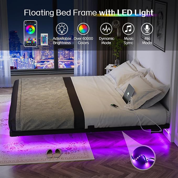 OLEVS King Size Floating Bed Frame Metal with LED Light & Charging Station | King Metal Platform Bed Frame Floating with Smart LED, Charging Station, No Box Spring Needed, Noise-Free, Easy Assembly
