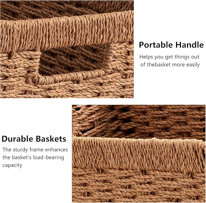 UBBCARE 2 Pack Wicker Basket, 13.4L×8.3H×7.1W inch Woven Paper Rope Storage Baskets for Shelves, Foldable Rectangular Storage Baskets with Handle, Storage Basket for Organizing, Caramel