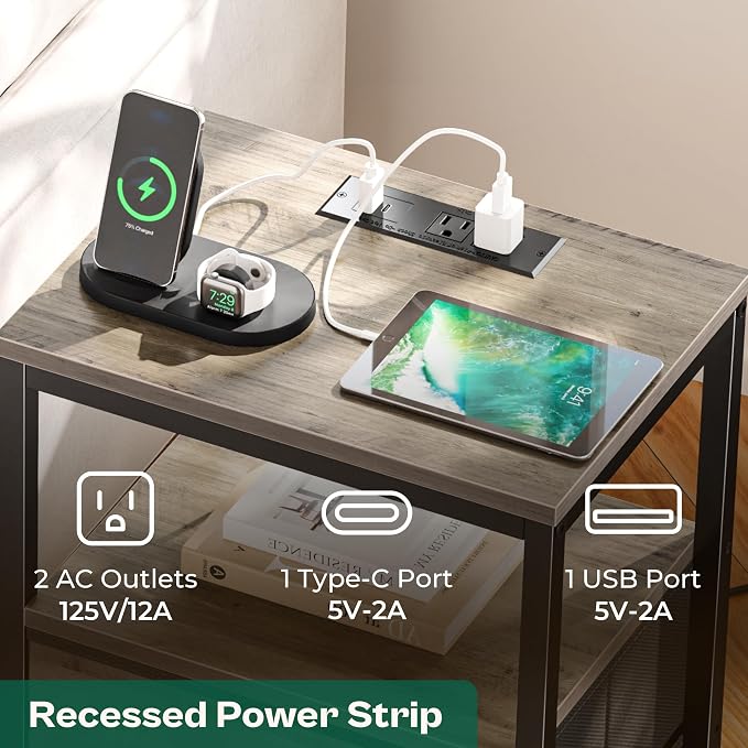 Huuger Nightstand with Charging Station, 27.6 Inch Bedside Table,Side Table | Night Stand with USB Ports and Outlets, End Table with Fabric Drawers, Night Stand with Charger Station, Oak