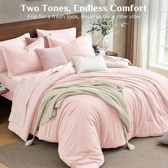JOLLYVOGUE Rose Pink King Comforter Set, Cationic Dyeing Bed in a Bag King 7 Pieces, Double-Tone Bedding Set with Down Alternative Comforter, Sheets, Pillowcases & Shams