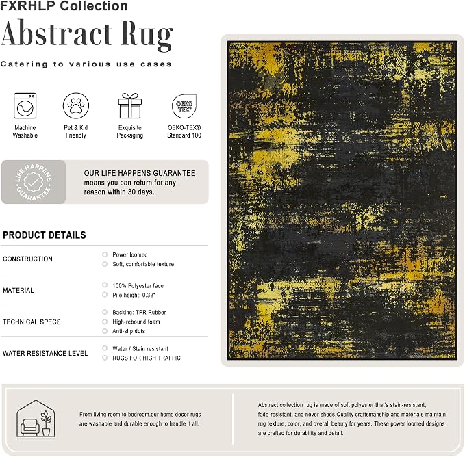 5x7 Area Rug Living Room: Modern Washable Soft Carpet Black Gold | For Bedroom Dining Room Farmhouse Nursery Hallway Office,Modern Abstract,Machine washable,Non-Slip,Stain Resistant,Indoor