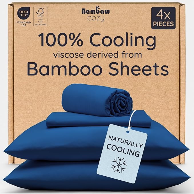 Bambaw California King Sheet Set 4pcs – 100% Viscose Derived from Bamboo Sheets, Deep Pocket Cooling Sheets, Fits Up to 16'' with Elastic Corner Straps, Extra Soft Sheet Set (Navy Blue)