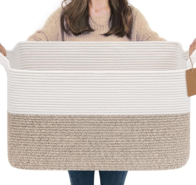 Goodpick 75L Extra Large Woven Rope Blanket Basket, Rectangle, Light Brown | 22" × 17" × 12" Decorative Storage Basket for Blankets, Toys & Clothes, Fits Living Room, Bedroom & Nursery Organization