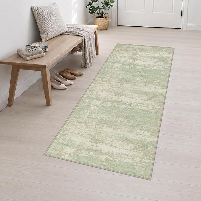2.6x8 Washable Runner Rug：Modern Abstract Soft Carpet Green Cream | For Hallway, Bedroom, Kitchen, Laundry, Bathroom,Door Mat,Modern Abstract,Machine washable,Non-Slip,Stain Resistant,Indoor
