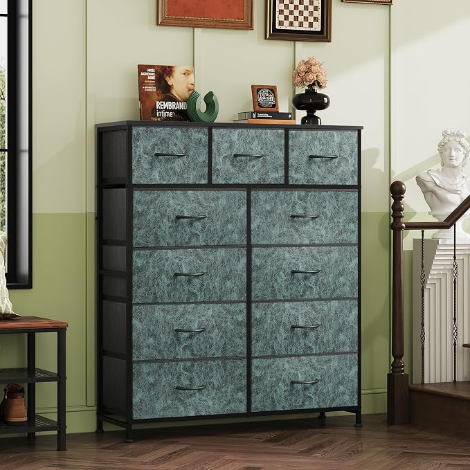 WLIVE Tall Dresser for Bedroom, 11 Drawer Chest of Drawers, Vintage Green | 11 fabric storage drawers, Tall high-capacity design, Bedroom or dorm use, Sturdy steel frame, Smooth wood tabletop