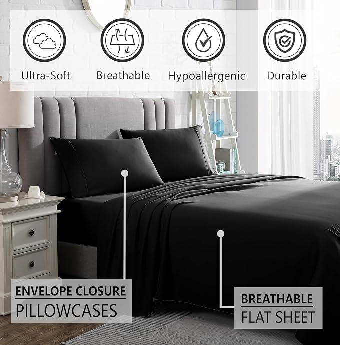 American Home Collection California King Sheet Set - Ultra-Soft Microfiber 15-Inch Deep Pocket - Wrinkle Free and Fade Resistant (Black)