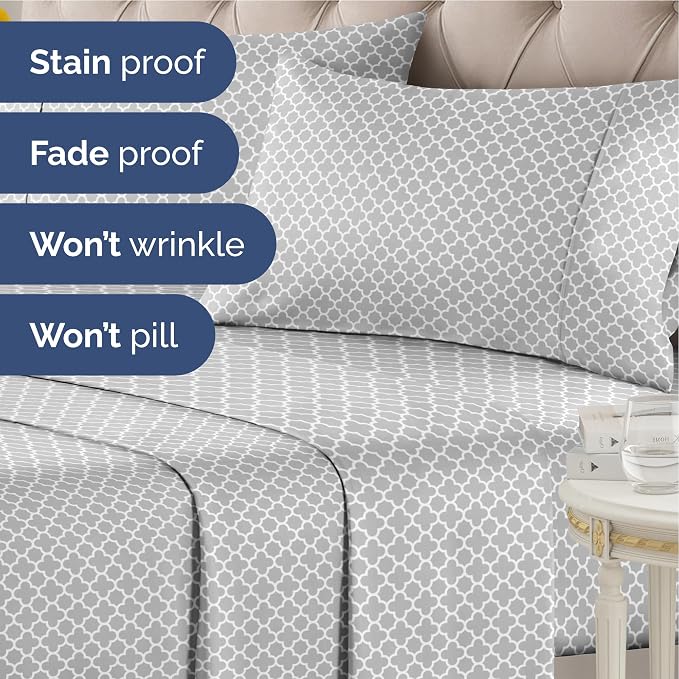 King 4 Piece Striped Sheet Set - Soft, Breathable & Cooling - Gray Clover | 1 Flat, 1 Fitted & 2 Pillowcases w/ Deep Pockets, Luxury Striped Bedding, Soft, Breathable & Cooling, Wrinkle & Fade Free