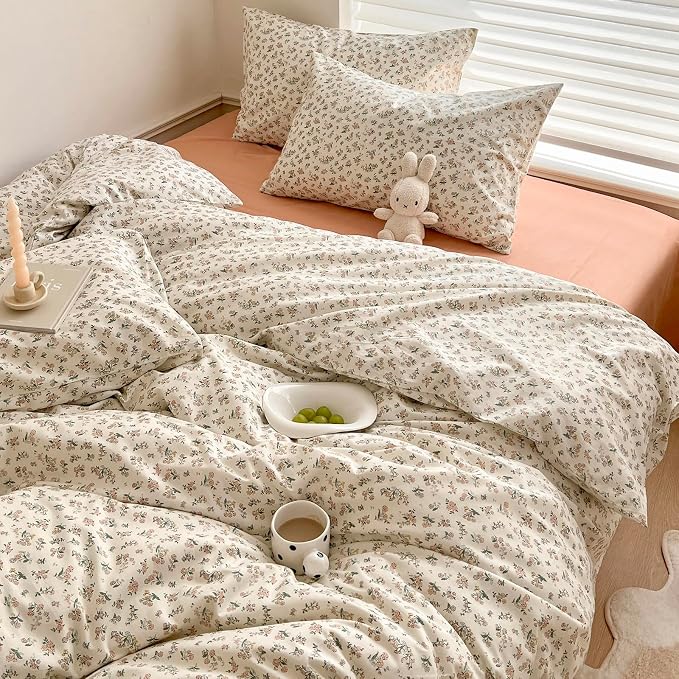 mixinni Boho Floral Girls Duvet Cover Set Twin Size Soft Cotton Comforter Cover Set Farmhouse Shabby Chic Flower Duver Cover for Women, 1 Cute Floral Duver Cover and 2 Pillowcases for All Seasons