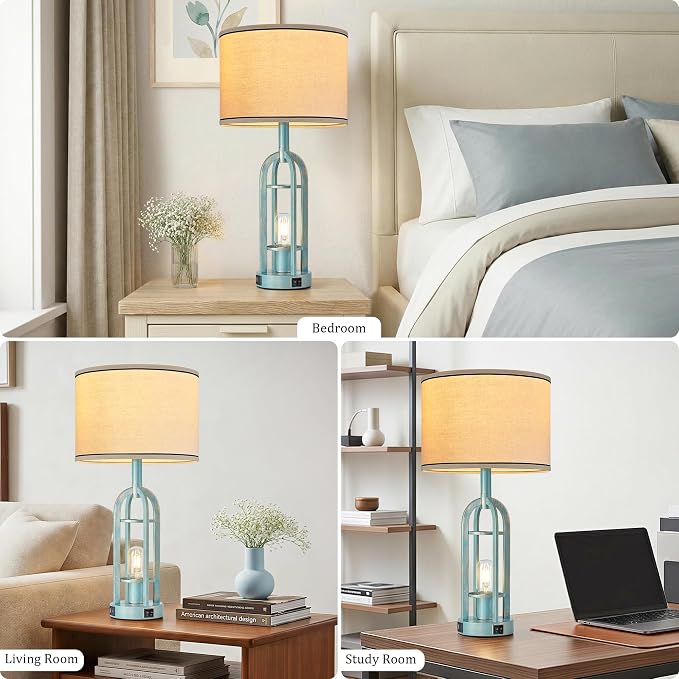 SRJJA Table Lamps for Living Room Set of 2 - Modern Farmhouse Lamps for Night Stands with Night Light & USB A+C, 24" Vintage Bedside Lamp for Bedroom, Bulbs Included