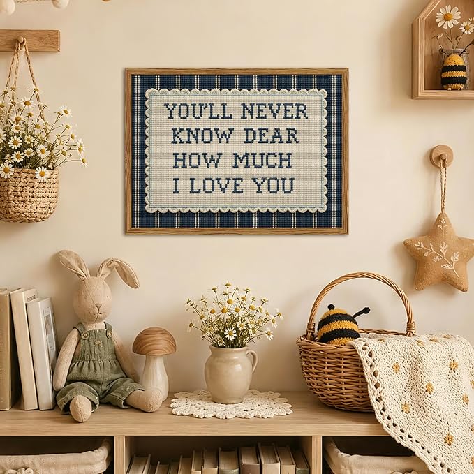 Framed You'll Never Know Dear How Much I Love You Wall Art, Vintage Nursery Blue Striped Pictures Wall Decor, Inspirational Quote Paintings Canvas Prints for Baby Boy Bedroom Living Room 12x16 inch