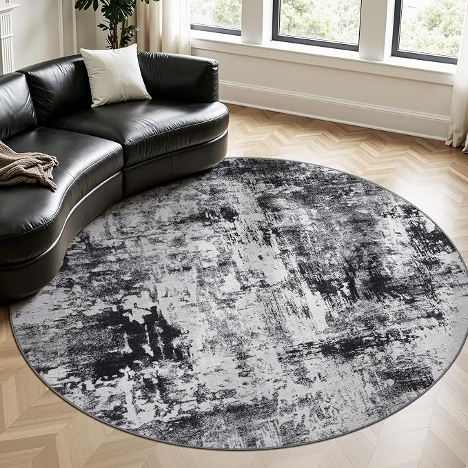 Rugflix Round Area Rugs 8Ft for Living Room, Washable Black Grey Circle Rug | Machine Washable; Stain-Resistant; Low Pile; Non-Slip; Modern Abstract; Carpet for Bedroom Dining Office Nursery Home