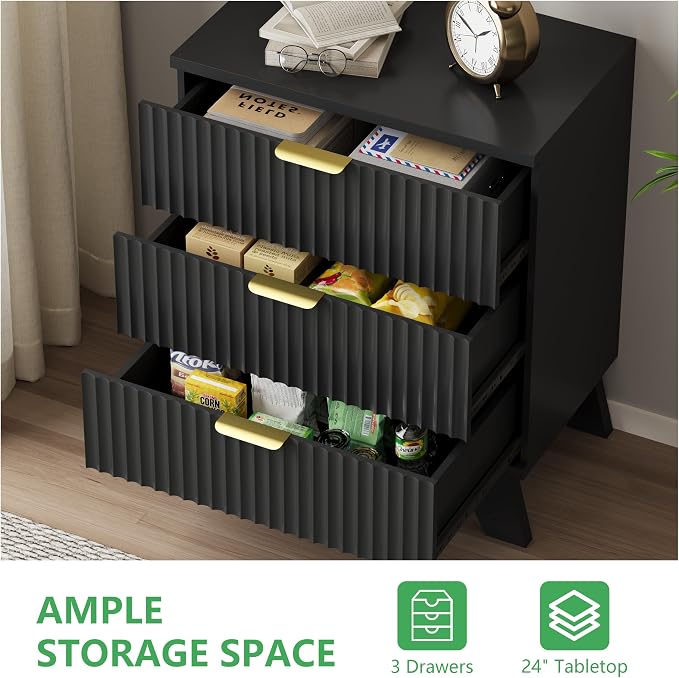 Fluted Dresser for Bedroom with 3 Drawers, 24" Wide Modern Chest of Drawers with Metal Handle, Wooden Dresser TV Stand, Wood Closet Clothes Storage Drawer Organizer for Living Room, Hallway, Black