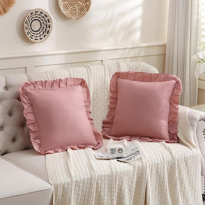 Merryword Pink Mocha Pillowcases 18x18 Throw Pillow Covers Pack of 2 Soft Microfiber Ruffle Decorative Pillowcase Cushion for Couch Sofa Bedroom