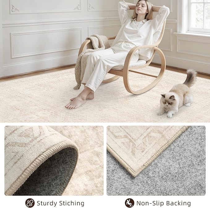 Area Rugs 9x12 Living Room: Bedroom Neutral Washable Carpet Beige | Large Vintage Boho Indoor Decor Carpets Soft Nursery Farmhouse Dining Room Office Floor Non-Slip Low Pile Under Table Rug
