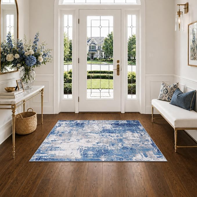 RELEANY Washable 3'x5' Abstract Area Rug for Living Room Blue Gray | Carpet for Bedroom, Kitchen, Office, Hallway and Entryway, Printed Pattern, Non‑Slip, Soft, Stain‑Resistant, Easy to Clean