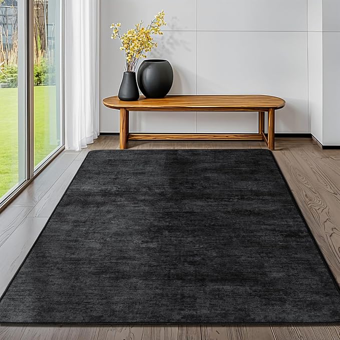 4x6 Washable Area Rug, Black Solid Area Rugs for Living Room & Bedroom | Stain-resistant & Non-slip backing,Low Pile Washable Large Carpet, Solid Vintage Style For High Traffic Areas(4x6,Black)