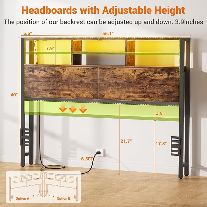 Aheaplus Headboard for Full Size Bed with Storage, Headboards with Outlets | Full Size Head Board Only, USB Ports and LED Light, Height Adjustable, Reversible, Sturdy & Stable Headboard, Rustic Brown