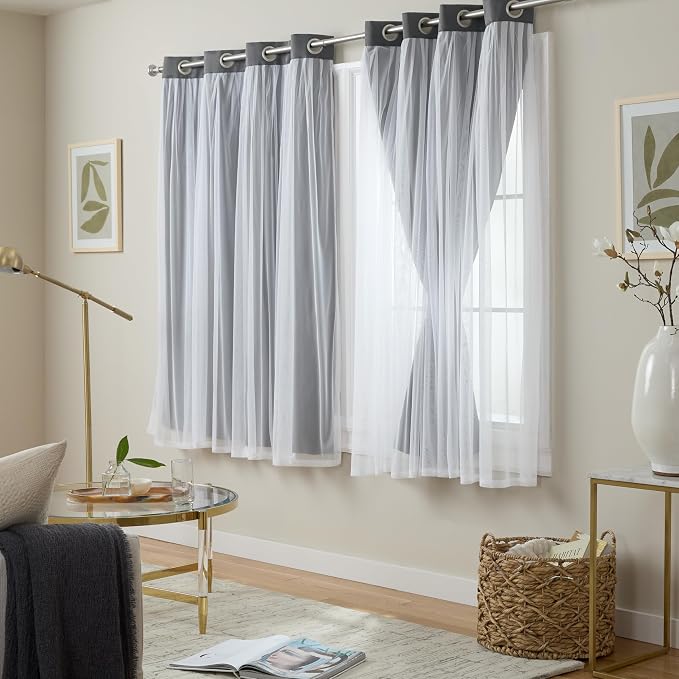 TOWN & COUNTRY LUXE Talia Double Layer Indoor Curtains, Sheer and Room Darkening Blackout, Grommet Top, Energy Efficient, 2-Pack Set, 52"x63", Black Pearl