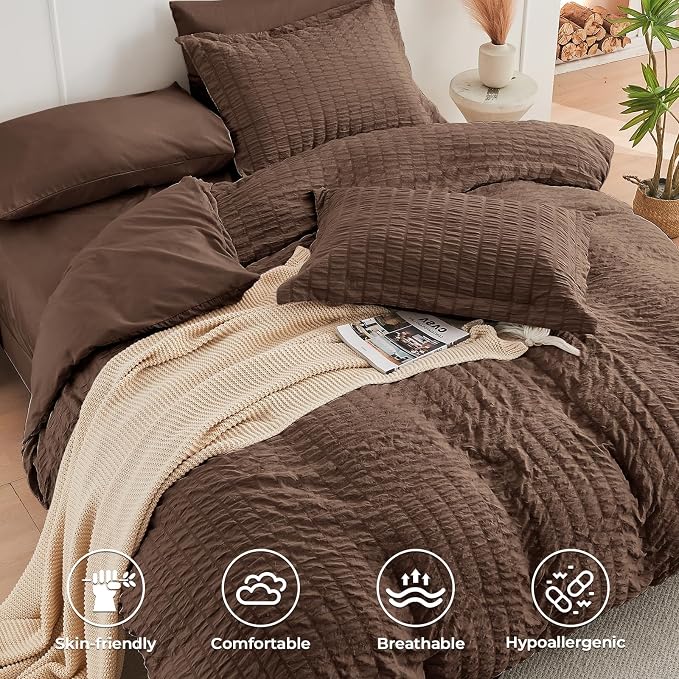HYMOKEGE Dark Brown Twin XL Comforter Set Seersucker 5 Pieces, All Season Luxury Bed in a Bag for Bedroom, Bedding Set with Comforter, Sheets, Pillowcase & Sham