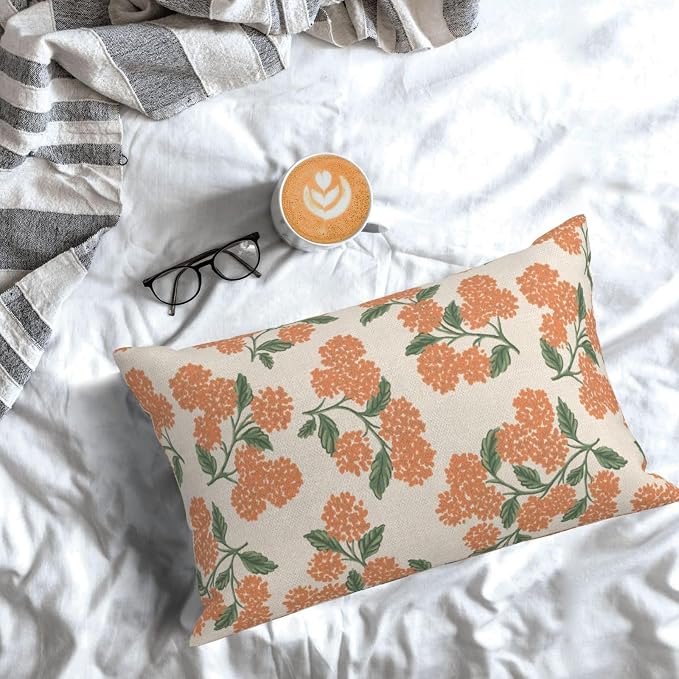 Fall Burnt Orange Pillow Covers 12x20 Inch 2 Pcs Green Hydrangea Flower Decor Throw Pillows Vintage Floral Seasonal Autumn Outdoor Decoration Pillowcase Linen Cushion Cover for Couch Sofa