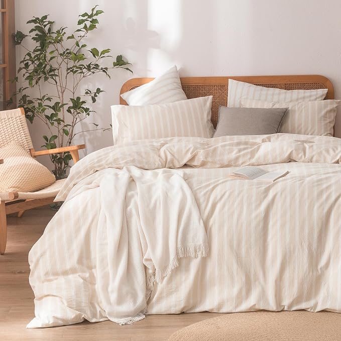 BESTOUCH Striped Cotton Duvet Cover Set Linen Feel California King | 100% Washed Cotton, Soft Wrinkle Texture, Hidden Zipper, 8 Ties, Breathable Lightweight Durable Comfy, 3 Pcs No Insert