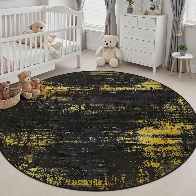 Round Area Rug Living Room: 8 ft Modern Washable Indoor Carpet | For Bedroom Dining Room Farmhouse Nursery Hallway Office,Modern Abstract,Machine washable,Non-Slip,Stain Resistant,Indoor