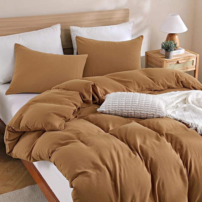TOCOMOA 100% Muslin Cotton Duvet Cover Set, Burnt Orange, Queen | Linen-Like Texture. Ultra Soft, Breathable, Comfy & Lightweight Fall Bedding Set with Zipper & 8 Ties. 3 Pcs, No Insert