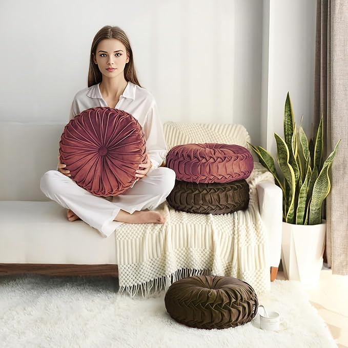 HIG Set of 2 Chocolate Velvet Decorative Round Pleated Throw Pillows | Vintage Floor Pillows, Classy Accent Pumpkin with Center Button, for Sofa Couch Vanity Chair Bed, 14.5" Diameter