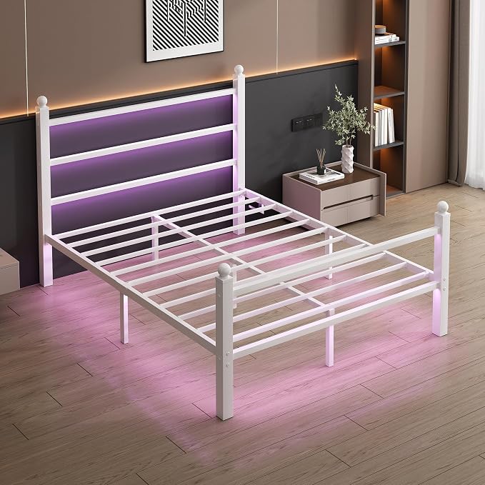 CLIBFENG Queen Size Bed Frame with Headboard and Footboard,Steel Slats Support-LED Bed Frame with USB Charging Station,Mattress Foundation-Under Bed Storage,No Box Spring Needed,Noise Free,White