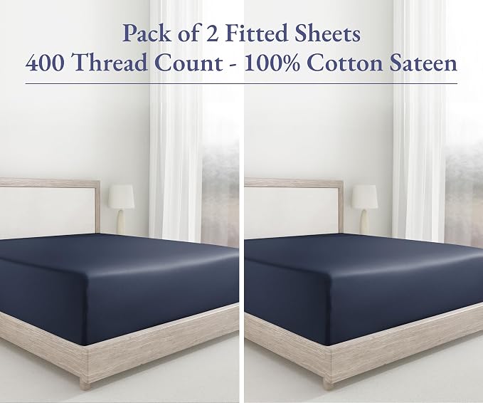 Pack of 2 100% Cotton Sateen Twin Size Fitted Sheet, Indigo Dusty Blue | 2 Fitted Sheets, 400 Thread Count Backed by Good Housekeeping Seal, All-Around Elastic, No-Pop Fit, Durable, OEKO-TEX