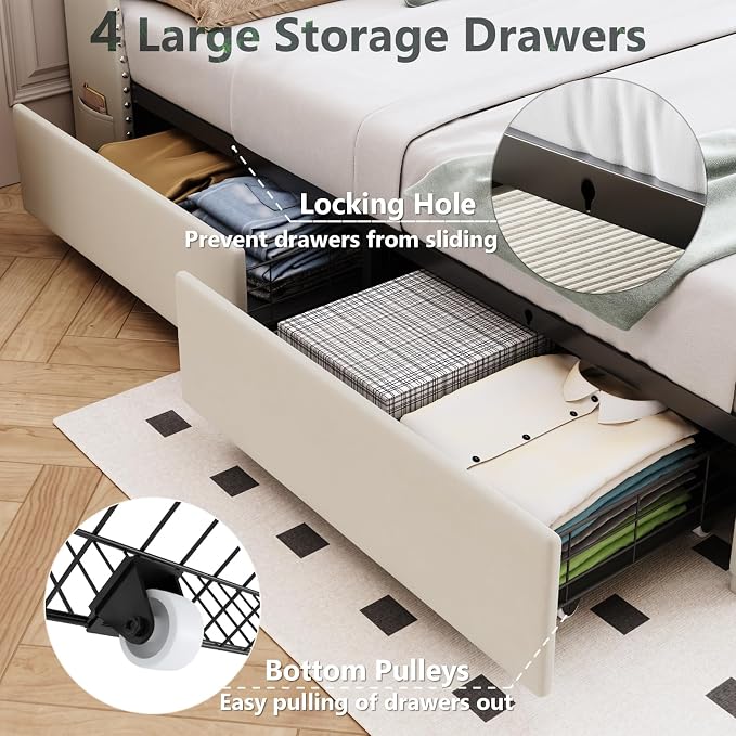 TIGUBFRE Full Size Bed Frame with 4 Drawers and Storage Headboard, Upholstered Tufted Wingback Bed Frame with LED Lights and Charging Station, No Box Spring Needed, Easy Assembly, Noise Free, Beige