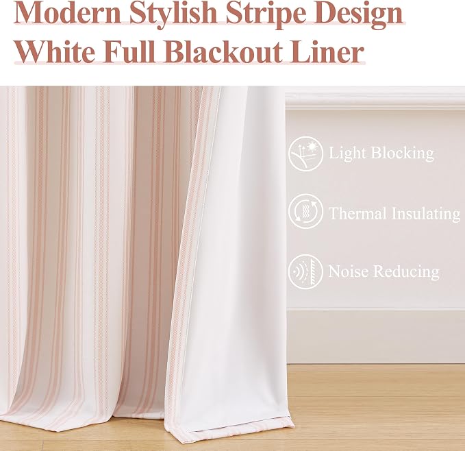 ZJDECOR White Cotton Blended Full Blackout Curtains with Pink Stripes | Modern Bedroom Living Room Drapes,Thermal Insulated Window Treatment,Back Tabs Rod Pocket,55"Wx72"L(Pack of 2)