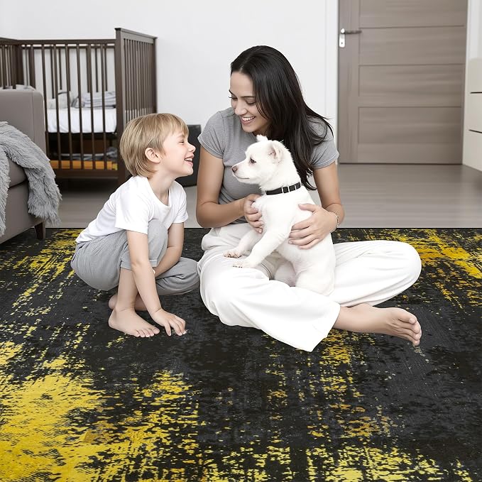 8x10 Area Rug Living Room: Modern Washable Soft Carpet Black Gold | For Bedroom Dining Room Farmhouse Nursery Hallway Office,Modern Abstract,Machine washable,Non-Slip,Stain Resistant,Indoor