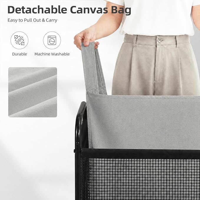 STORAGE MANIAC Rolling Laundry Hamper with Wheels 1-Section Laundry Sorter Rolling Laundrys Basket on Wheels with Removable Bag Clothes Hamper Laundrys Organizer Cart Bathroom Bedroom 90L Grey