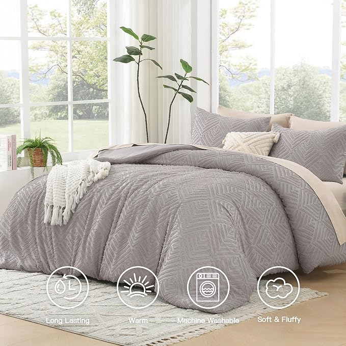 Litanika California King Comforter Set, 3 Pcs Tufted Boho Bedding Set | Milk Grey Farmhouse Shabby Chic Vintage Bohemian Textured Aesthetic Soft Fluffy Lightweight Breathable All Season Bed Set