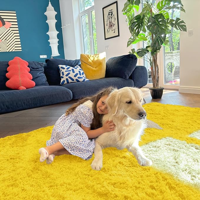 OLANLY 2x5 Machine Washable Runner Rugs for Hallway, Soft Fluffy Shaggy Bedside Rugs for Bedroom, Living Room, Indoor Floor Carpet for Kids Girls and Boys, Nursery Rooms, Home Decor Aesthetic, Yellow
