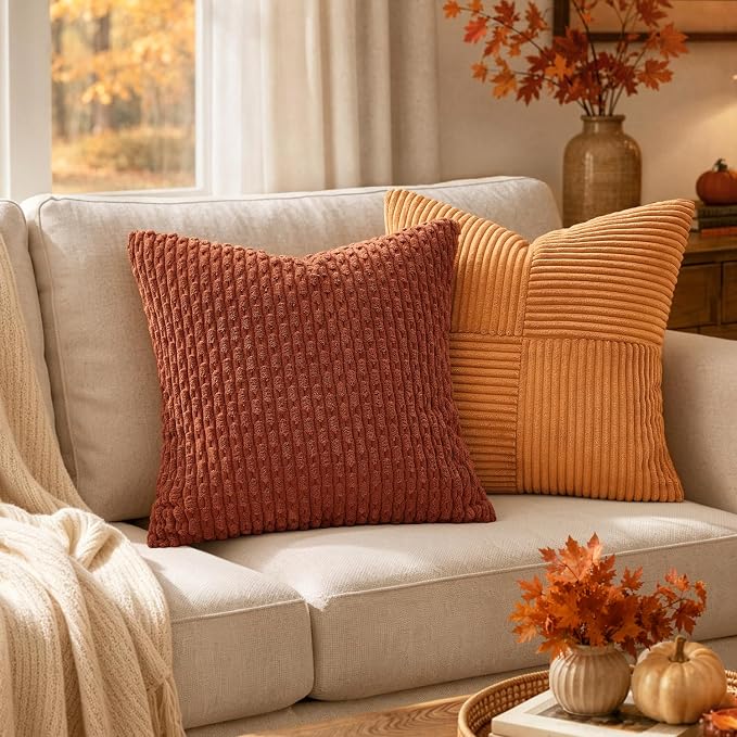 MIULEE Euro Sham Fall Decorative Throw Pillow Covers 22x22 Rust Corduroy | Terracotta Textured Striped Pack of 2 Striped Pillow Covers Modern Farmhouse Autumn Home Decor for Couch Bed Sofa Living Room