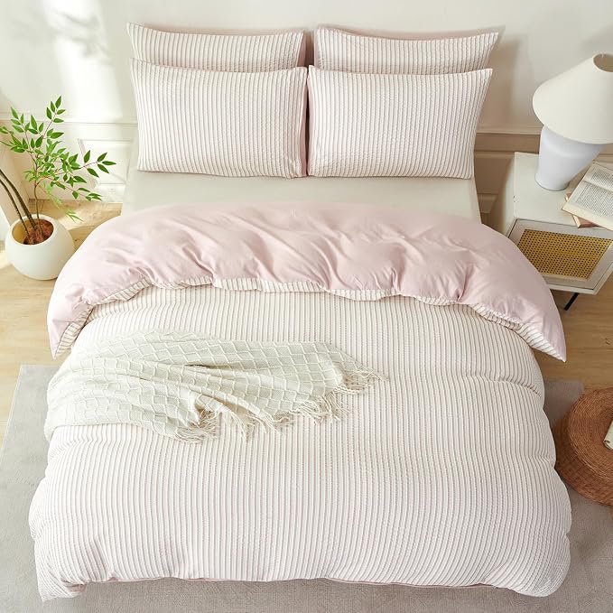Comforter Set King Size Dusty Pink Soft Luxury Washed Microfiber Jacquard 3 Pieces Bedding Set, White Dusty Pink Vertical Ticking Stripes Comforter with 2 Pillowcases Breathable Durable Comfy