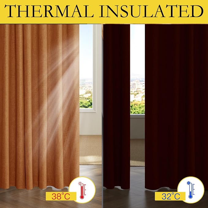 NICETOWN 100% Blackout Linen Curtains 90 inch Long 2 Panels, Burnt Orange | Warm Bedroom Curtains Thermal Insulated, Noise Reducing, Privacy Protection, Halloween Atmosphere Decoration, W52" x L90"