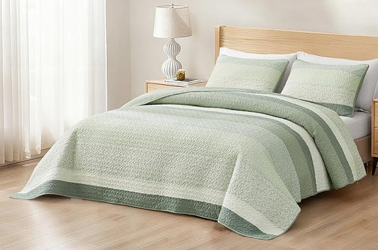 Chezmoi Collection Reed 3-Piece Chic Patchwork Striped Quilt Set - Green Floral Coverlet - Pre-Washed Cotton Lightweight Reversible Bedspread, Queen Size