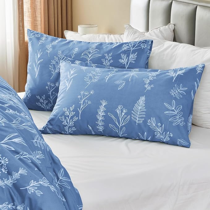 MUXHOMO Duvet Cover King Size, Reversible Floral Ice Blue Duvet Cover Set with Zipper Closure, 3 Pieces Botanical Patterns Soft Microfiber Bedding Set with 4 Ties (90"x104", 2 Pillow Cases)