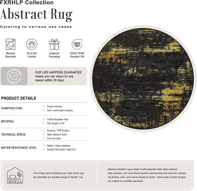 Round Area Rug Living Room: 6 ft Modern Washable Indoor Carpet | For Bedroom Dining Room Farmhouse Nursery Hallway Office,Modern Abstract,Machine washable,Non-Slip,Stain Resistant,Indoor