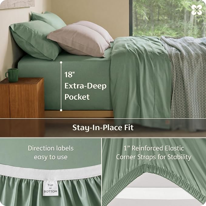 Bedsure PureWoven 100% Viscose Derived from Bamboo, King Size Sheets Set | Organically Grown, Cooling Bed Sheet for Hot Sleepers, 18" Deep Pocket with Corner Straps, Luxury Silky Soft, Sage Green