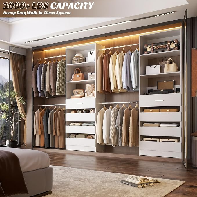 Aheaplus Closet System, 4-9Ft Closet Organizer with 4 Wooden Drawers, White | Wood Closet Organizer System with Tower, Walk-in Closet Organizer Wardrobe Clothes Rack with 4 Hanging Rods, Garment Rack