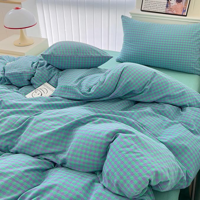 LifeTB Green Gingham Comforter Set King Modern Style Checkered Pattern Comforter Set Fluffy 3 Pieces Green Purple Grid Bed Comforter with 2 Pillowcases Lightweight Gingham Plaid Bedding Set King