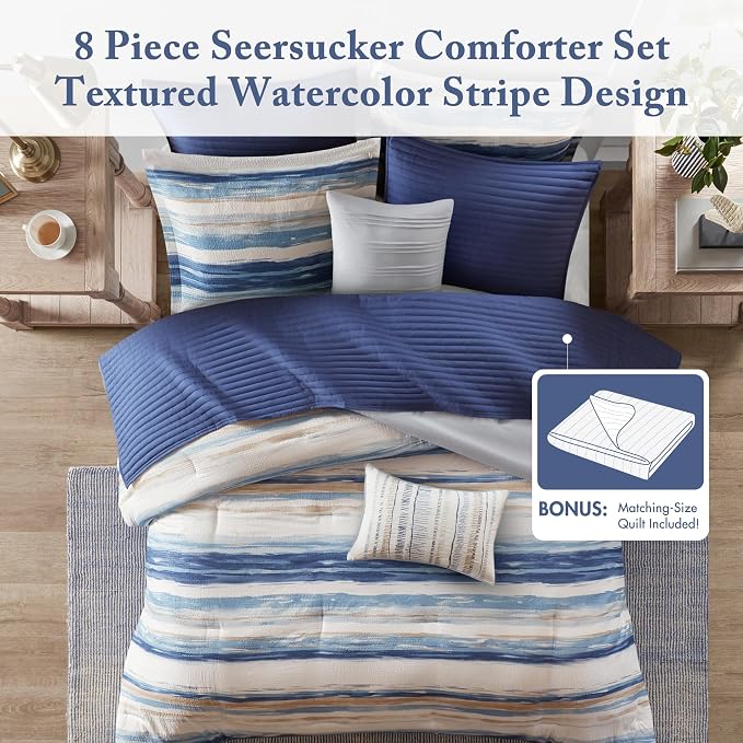 Madison Park Marina Comforter Quilt Combo Set - Modern Luxury Design, All Season Down Alternative Bedding, Matching Shams, Decorative Pillows, Full/Queen(90"x90"), Seersucker Blue 8 Piece | All Season Down Alternative Bedding Set with Comforter, Shams,...