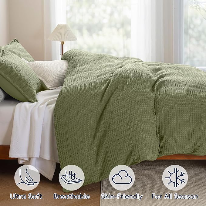 PHF Soft Waffle Duvet Cover King Size- Durable Breathable Waffle Weave Duvet Cover(104"x90") with 2 Pillow Shams, 3 Pieces Luxury Textured Bedding Set for All Season, Olive Green