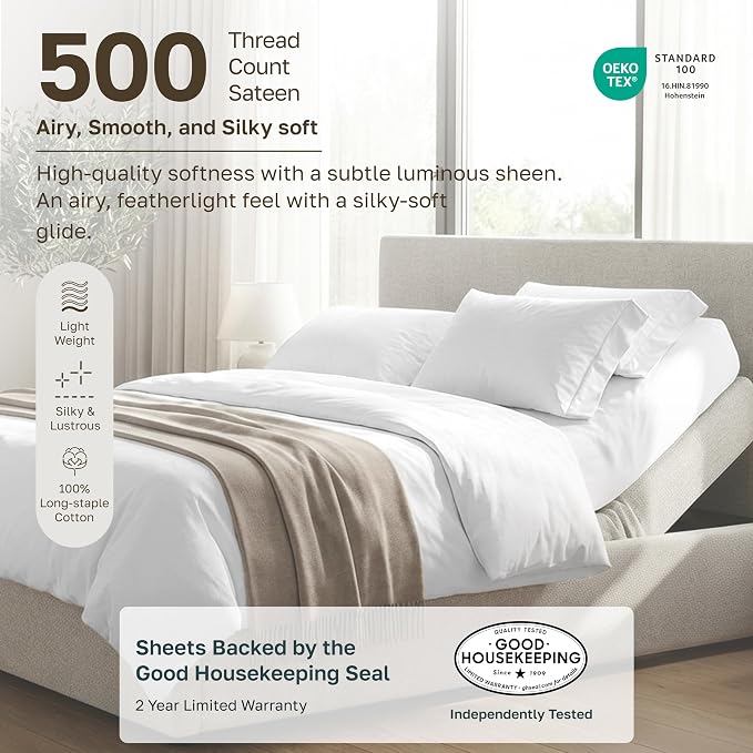 California Design Den 100% Cotton Sateen Split King Bed Sheet Set, 5 Pcs | 500 Thread Count with Good Housekeeping Seal, Split King Sheets Sets for Adj. Bed with 2 Sep. Twin-XL Mattresses - Soft Rose