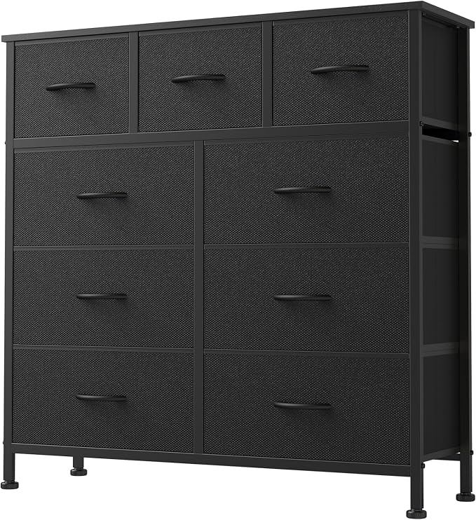 DUMOS 9 Drawer Dresser for Bedroom, Chest of Drawers | Fabric Storage Organizer, Sturdy Metal Frame Wooden Top, Closet Entryway Guest Room, Matte Black